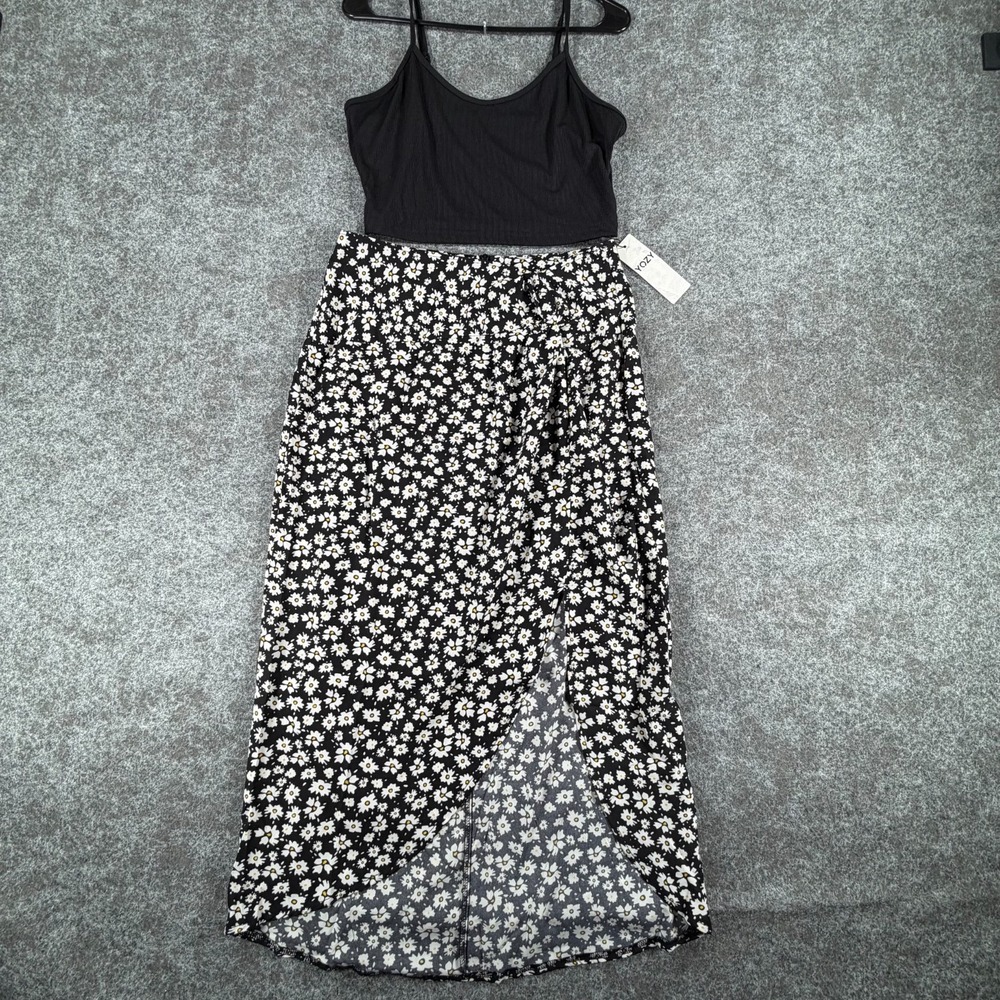 Yozy 2 Piece Top & Skirt Set Womens L Black Stretch Daisy Floral Spaghetti Strap